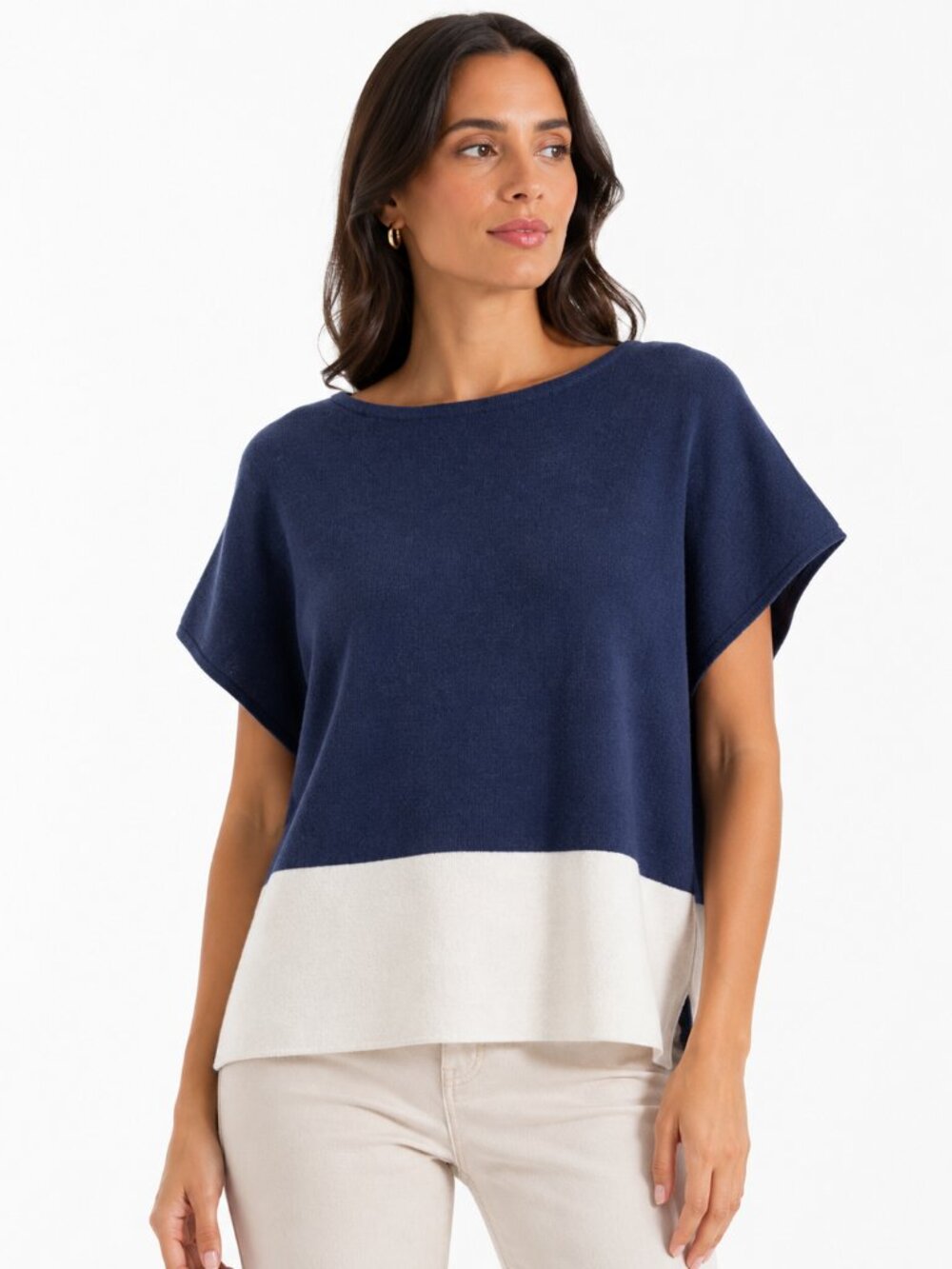 WOOLOVERS NAVY IVORY WHITE COLORBLOCK CAP SLEEVE BOXY STRETCH KNIT TOP - S